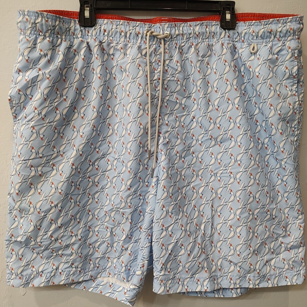 Lands End Mens XXL Light Blue White Birds Cockatoo Swim Trunks Shorts Mesh Lined